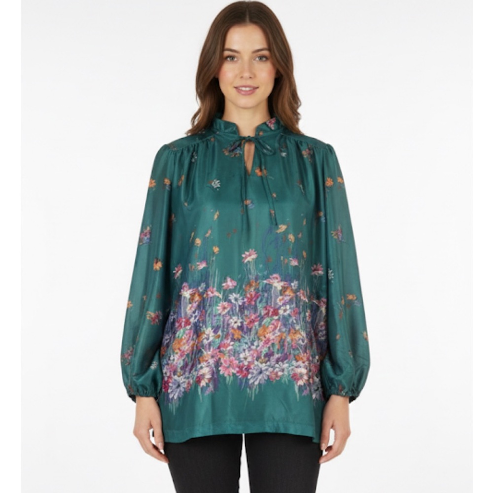LIND-CLARE Vintage Retro Floral Semi-Sheer Blouse, Women’s Size 38, Green Multi